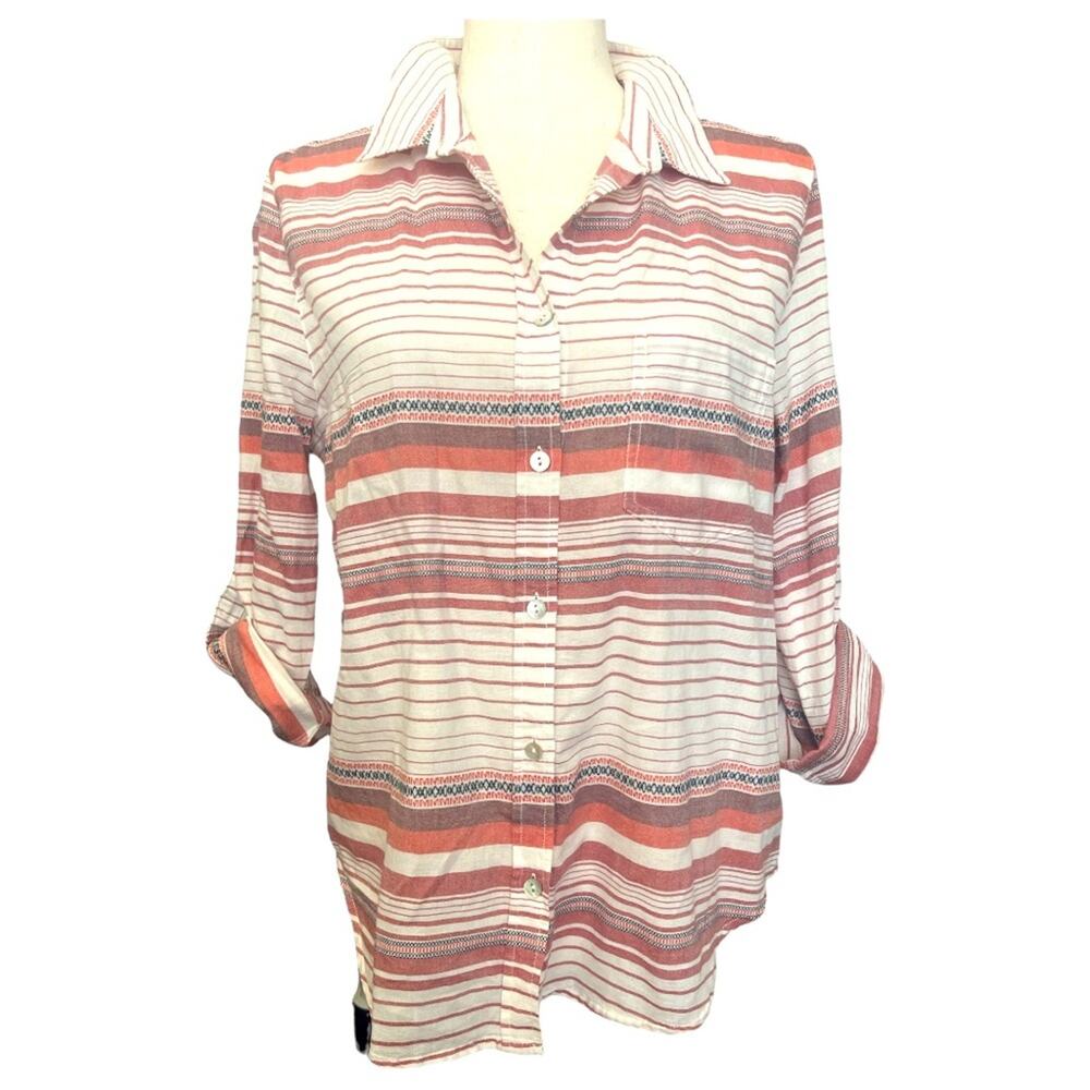 Sanctuary Cotton Striped Roll Tab Sleeves Cotton Shirt L